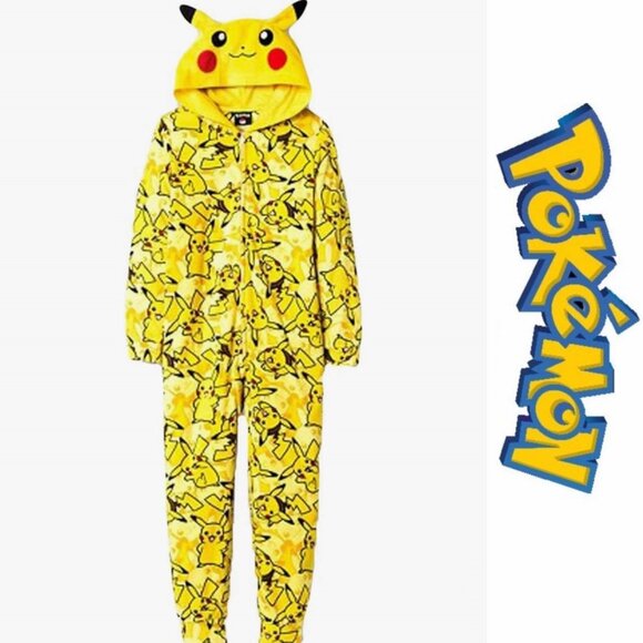 Pokémon | Boys Pikachu Print Union Suit Onesie Pajamas With Hood | Size 6 - Picture 1 of 6
